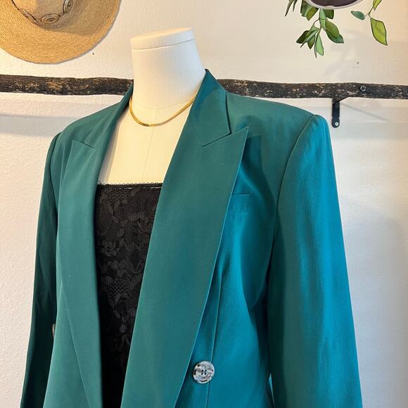 Vintage Hugo Buscati Silk Emerald Green Double Button Silk Blazer Jacket Size S - Picture 2 of 11